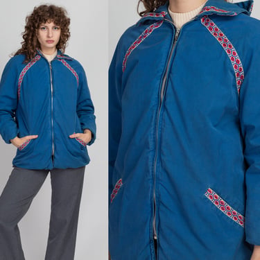 Petite Sm-Med Rare 40s 50s White Stag Zip Up Ski Jacket | Vintage Women's Blue Southwestern Trim Hooded Puffy Parka Coat 