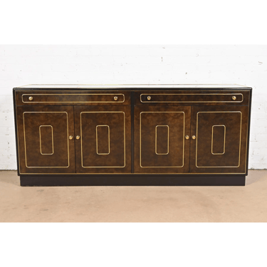 Romweber Mid-Century Hollywood Regency Burl Wood and Brass Sideboard Credenza, Circa 1970s