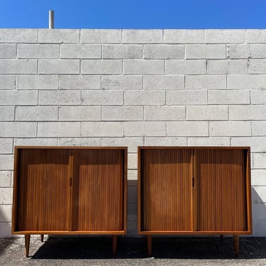 Pair of Milo Baughman Tambour Door Cabinets by Glenn of California Bachelor Chests Bedside Tables Storage Cabinets Walnut Wood Mid Century 