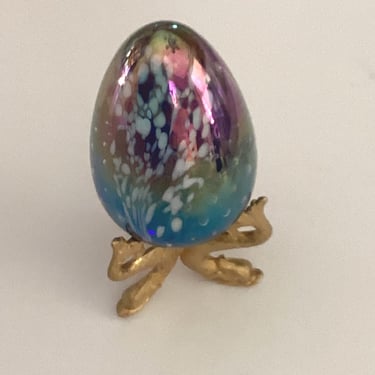 Vintage Art Glass Egg Paperweight Cobalt Blue & White Speckled Iridescent  with brass stand 