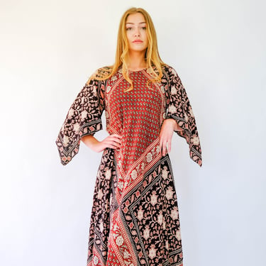 Vintage 70s ADINI Floral Block Print Angel Wing Gauze Cotton Kaftan Dress | Made in India | 100% Cotton |  1970s Designer Bohemian Dress 