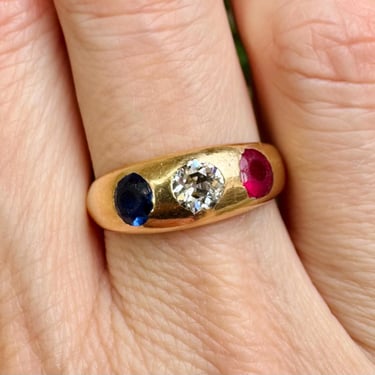 Antique Victorian 14K Gold Mine Cut Daimond Ruby Sapphire Gypsy Ring Sz ~9.75 