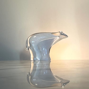 Abstract Sommerso polar bear in white over clear handblown glass 