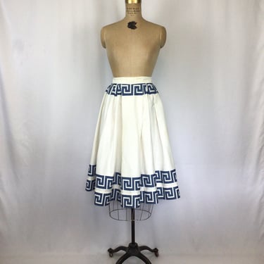 Vintage 50s skirt | Vintage white blue geometric print circle skirt | 1950s pleated cotton full skirt 