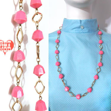 Groovy Vintage 70s Pink Faceted Beaded Chain Necklace 