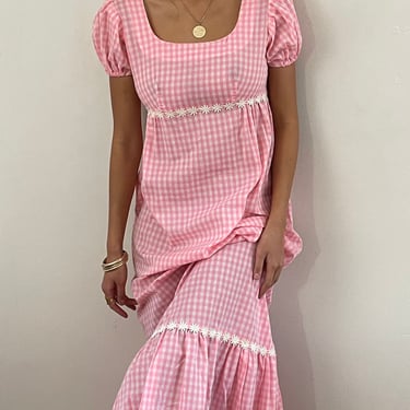 60s gingham maxi dress / vintage pink gingham cotton babydoll empire ruffle daisy trim garden long maxi dress | S 