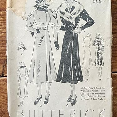 Vintage 30s Sewing Pattern of Fitted Coat w/Collar Butterick 7097 Size 33 Bust 