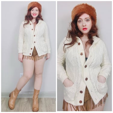 1970s Cream Acrylic Cable Knit Cardigan / 70s / Seventies Knit Fisherman's Button Up Sweater / Medium 