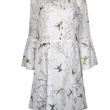 Ted Baker - White w/ Green Bird Print & Metallic Flecks Ruffled Dress Sz 4