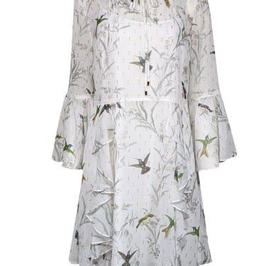 Ted Baker - White w/ Green Bird Print &amp; Metallic Flecks Ruffled Dress Sz 4