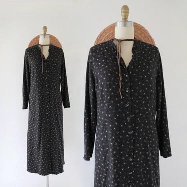 black micro floral dress - l - vintage 90s y2k black long sleeve womens size large rayon wool cute cottage cottagecore goth grunge maxi 