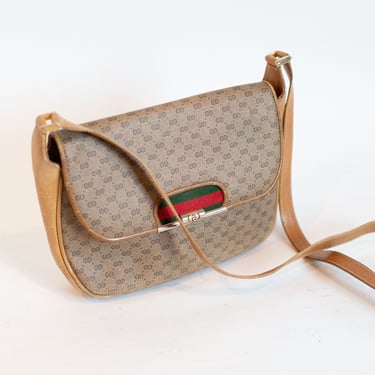GUCCI 1980s Monogram Small G Leather and Canvas Crossbody Stripe Bag Logo GG Beige Engraved Hardware Supreme 70s 
