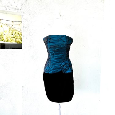 Vintage Jessica McClintock Dress Gunne Sax Blue Black Velvet Strapless Dress 