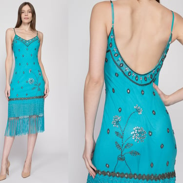 Small 90s Sue Wong Blue Beaded Silk Fringe Party Dress | Vintage Low Back Floral Formal Flapper Midi Dress 