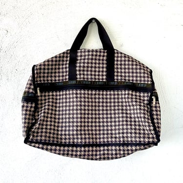 Vintage Lesportsac XL Weekender Duffel Bag // Y2k Travel Packable Light Suitcase Houndstooth Black Day Bag 