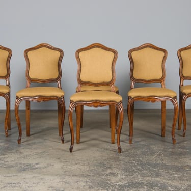 Antique Country French Louis XV Style Walnut Dining Chairs In Beige Fabric - Set of 6 