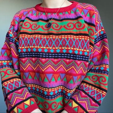 Vintage 90s Women’s Cotton Coogi Inspired Rainbow Multicolored Sweater Sz L 