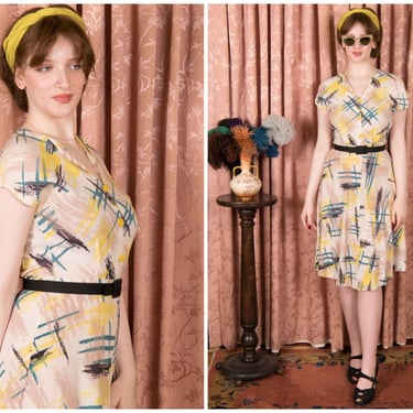 1950s Dress - Bright Vintage 50s Painterly Summer Shirtwaist Dress Day Dress in Super Soft Cotton 