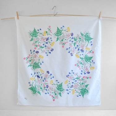 Vintage Linen Tablecloth with Hand Printed Floral Design Made in Sweden 