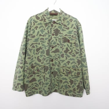 Vintage camo 60s 70s green overdye button up jacket overshirt long sleeve-- size large 