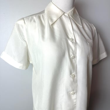 40’s white cold Rayon blouse~ warm off white short sleeves button down~ Volup size Pinup Rockabilly 1940’s fashion / Plus size 