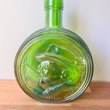 1970s Green Franklin Roosevelt Carnival Green Decanter Bottle.  First Edition Commemorative Wheaton Glass. Vintage Colored Glass Decanter 