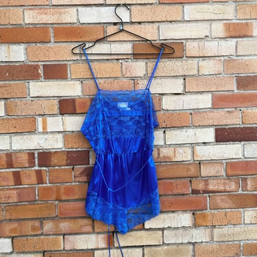 vintage 80s blue romper negligee / l large 