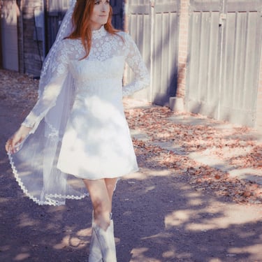 Vintage Wedding Dress - 1960s - Mod, Mini, Short Wedding Dress - Bridal Frock - Elopement, Reception Dress - High Neck, Lace 