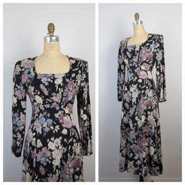 Vintage 1980s dark floral dress, moody floral, rayon, empire waist, longline, midi, size small 