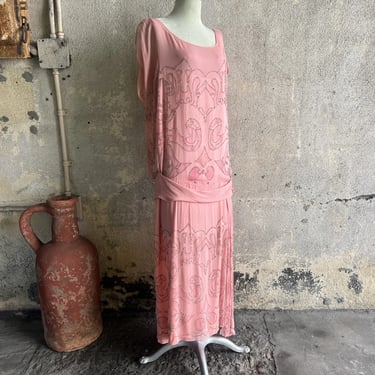 Antique 1920s Cotton Candy Pink Silk Arts n Crafts Beaded Dress Full Length Tint