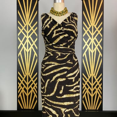 zebra print dress, ralph Lauren,  wiggle dress, early 2000s, ruched, wrap style, brown and green, animal print, medium, sleeveless sheath, 8 
