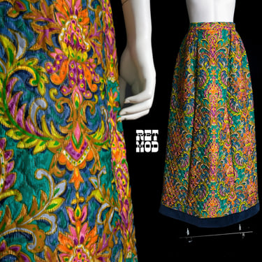 BEAUTIFUL Vintage 60s 70s Colorful Psychedelic Paisley Patterned Quilted Maxi Skirt 