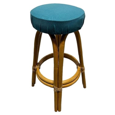 Restored Single Stand Arched Rattan Bar Stool w/ Blue Seat 