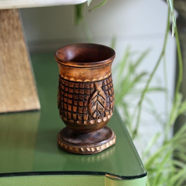 Vintage Small Hand Carved Wood Pedestal Vase| Wooden Goblet | Pencil Holder | Toothbrush Holder 