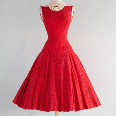 Spectacular 1950's Cherry Red Lace Party Dress With Ultra Full Skirt / XS