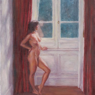 Nude by a Window, Portugal. Original Oil Painting by Pat Kelley. Female Figure in European Interior. Nostalgic, Vintage Style, Romantic Art 