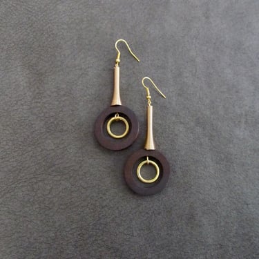 Large long wood earrings, gold brass dangle earrings, Afrocentric jewelry, African earrings, geometric earrings, modern earrings 