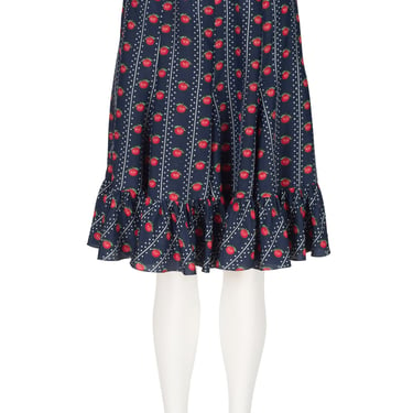 Valentino 1973 Vintage Apple Novelty Print Navy Silk Flutter Skirt Sz XS 