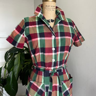 1940s Cotton Plaid Shirt Dress Belted 36 Bust Vintage 