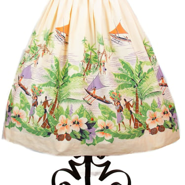 Vintage 1950s Skirt ~ Hawaiian Novelty Border Print Full Skirt 
