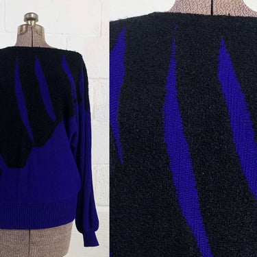 Vintage Tiger Stripe Batwing Sweater Knit Jumper Purple Black Jewel Tone Pullover Long Sleeve 80s 1980s Medium 