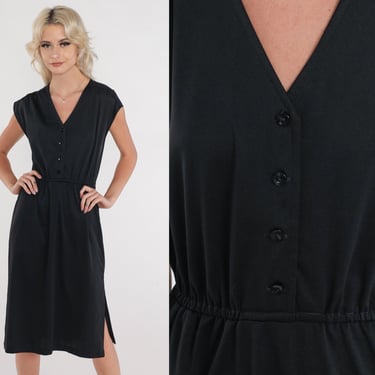 Simple Black Dress 70s Midi Dress Button up Cap Sleeve Dress High Waist V Neck Secretary Shirtwaist Plain Basic Chic Vintage 1970s Small S 
