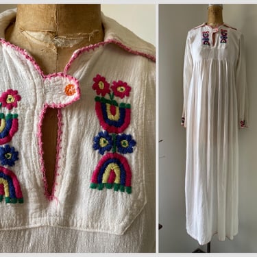 Vintage 1960’s ‘70s ivory gauze maxi dress, embroidered flowers & rainbows | hippie maxi gown, boho festival, XS/S 