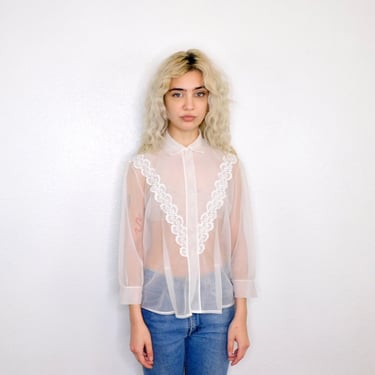 Sheer Victorian Blouse // vintage 70s 80s white embroidered dress country prairie holiday formal // S/M 