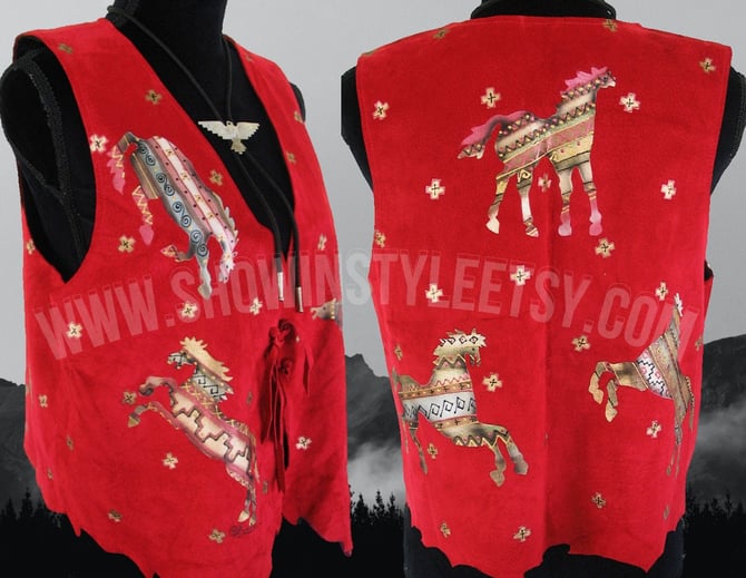 Vintage Western Women&amp;#39;s Cowgirl Suede Vest, Custom Painted Silver &amp; Gold Pony Designs by Crain, Tag Size Medium (see meas. photo) by ShowinStyle
