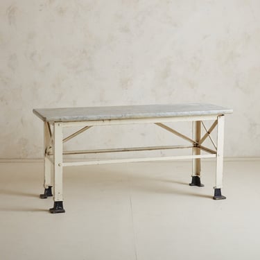 Grey Marble Top Kitchen Island with Cream Metal Base, Italy Early 20th Century