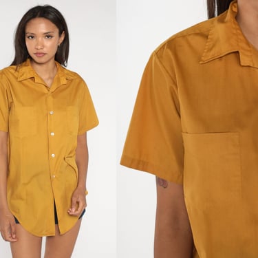 Mustard Button Up Shirt 70s Oxford Collar Hippie Boho 1970s Yellow Disco Top Vintage Collared Plain Short Sleeve Medium Large 
