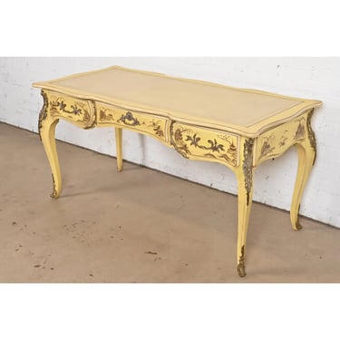 Karges French Louis XV Chinoiserie Cream Lacquered Leather Top Bureau Plat Desk With Mounted Bronze Ormolu