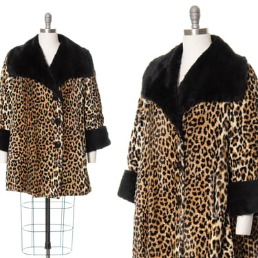 Vintage 1960s 1970s Coat | 60s 70s Faux Fur Leopard Animal Print Contrast Cuffs Collar Fall Winter Jacket (large/x-large) 