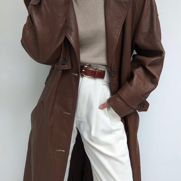 Vintage Tobacco Leather Belted Trench Coat